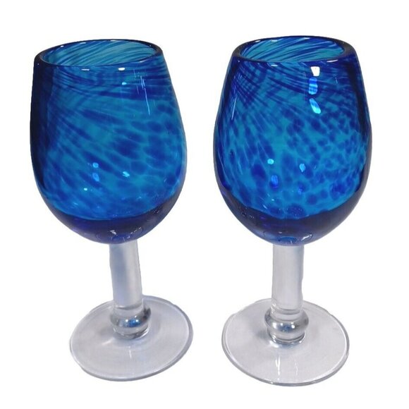 Handblown Thick Art Glass Cobalt Blue Confetti Wine Water Goblets Set of 2 8.5" - Picture 3 of 6